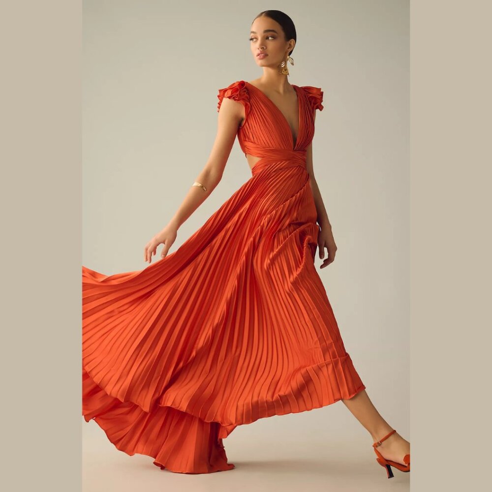 $498 Mac Duggal Size 4 Orange Pleated Corset Lace Up Back Ruffle Gown Maxi Dress - Picture 2 of 3